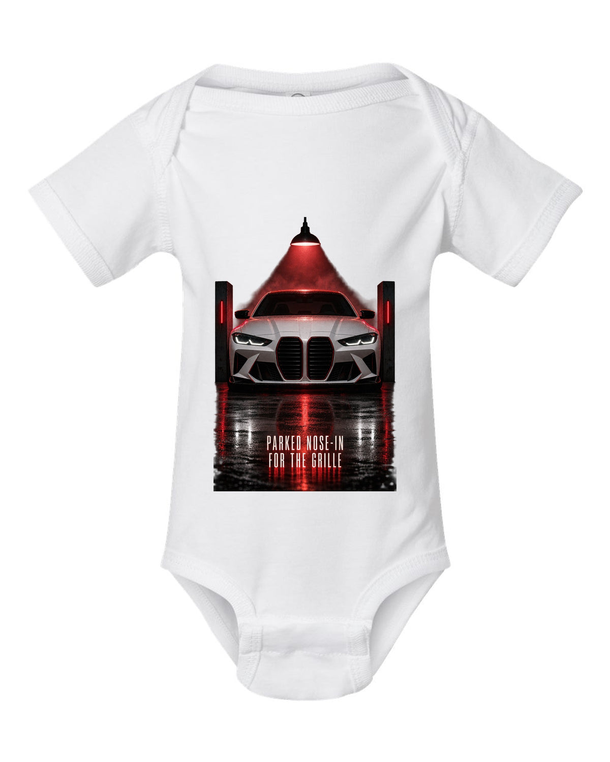 BMW G80 M3 garage night print with parked nose-in for the grille text white baby onesie front view with the design