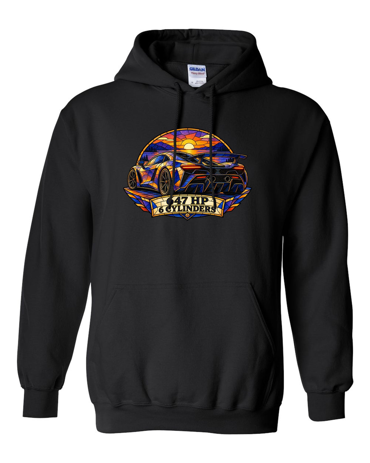 Ford GT 2017-2022 buttress profile in a stained-glass geometric print black pull over hoodie front view with the design
