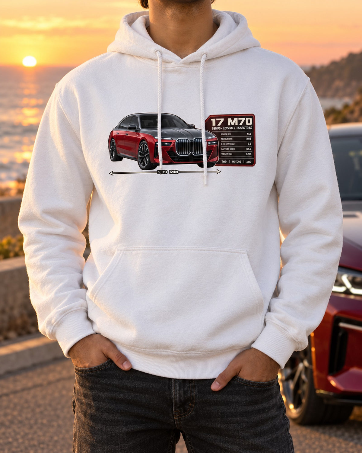 BMW i7 M70 xDrive G70 Spec Poster Shirt, 650 PS Print Pull Over Hoodie White worn hero