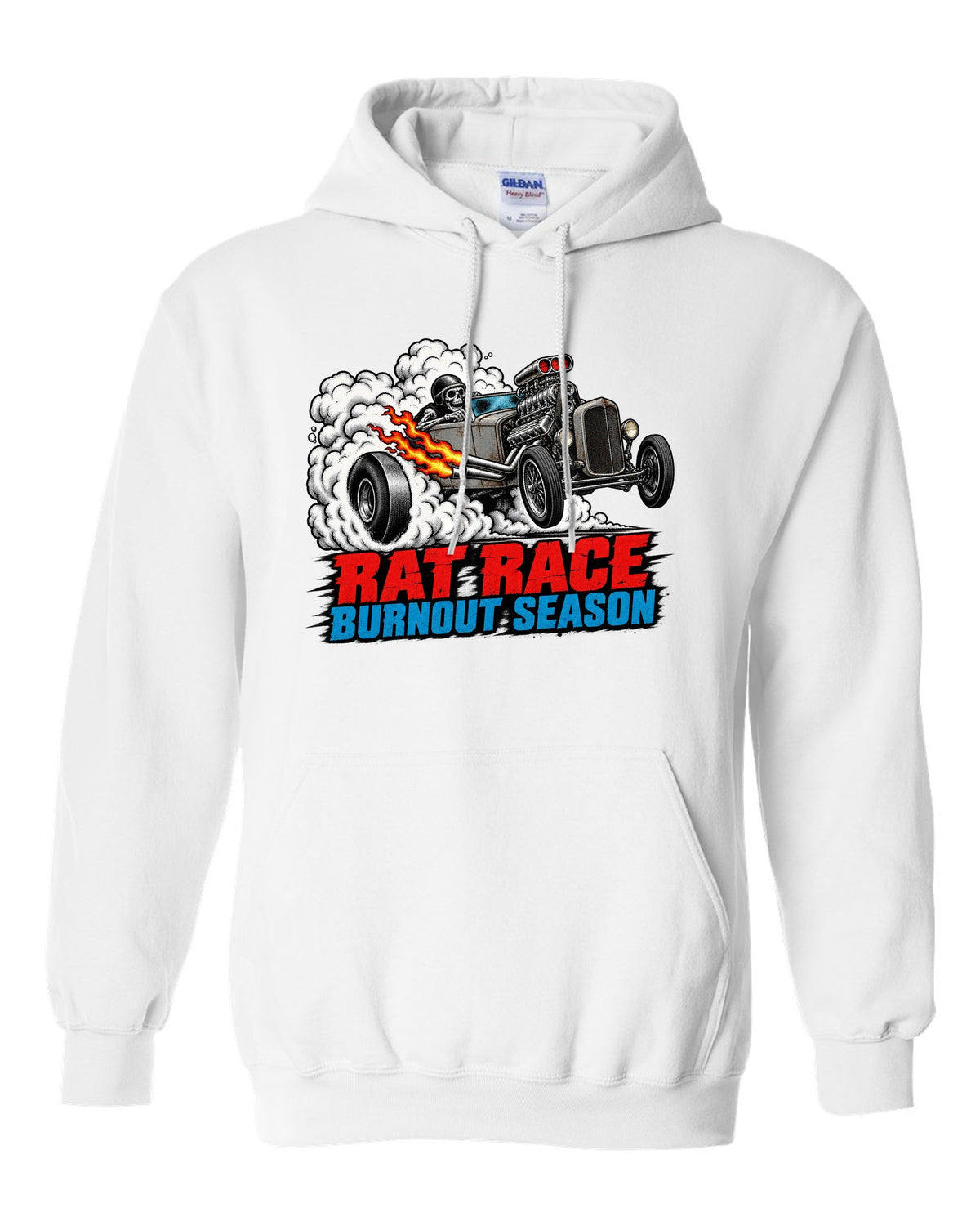 Halftone screenprint print of a primer-grey rat rod roadster in tyre smoke with Burnout Season lettering white pull over hoodie front view with the design