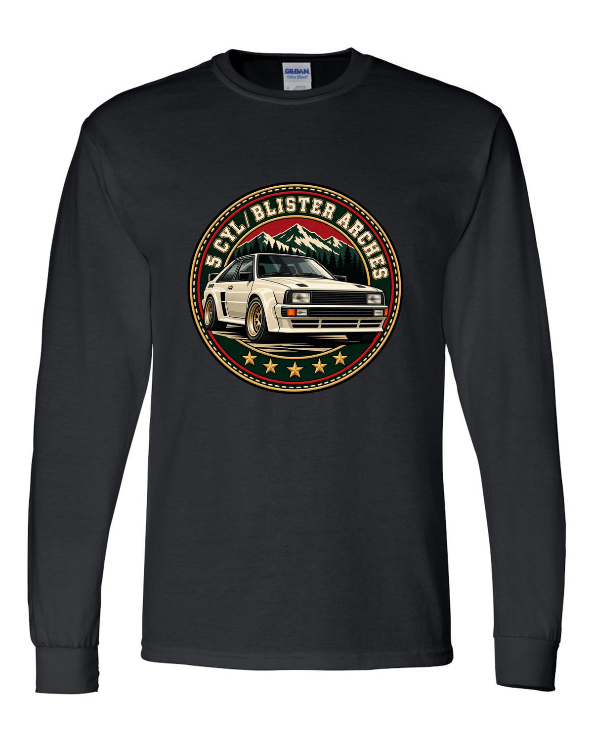 Varsity crest print of an Audi Ur-Quattro with blister arches text black long sleeve front view with the design