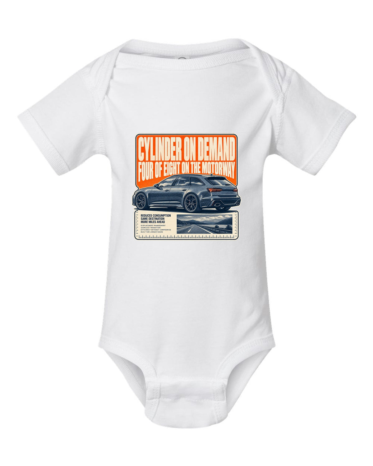 Audi RS6 Avant C8 wagon halftone statement print white baby onesie front view with the design
