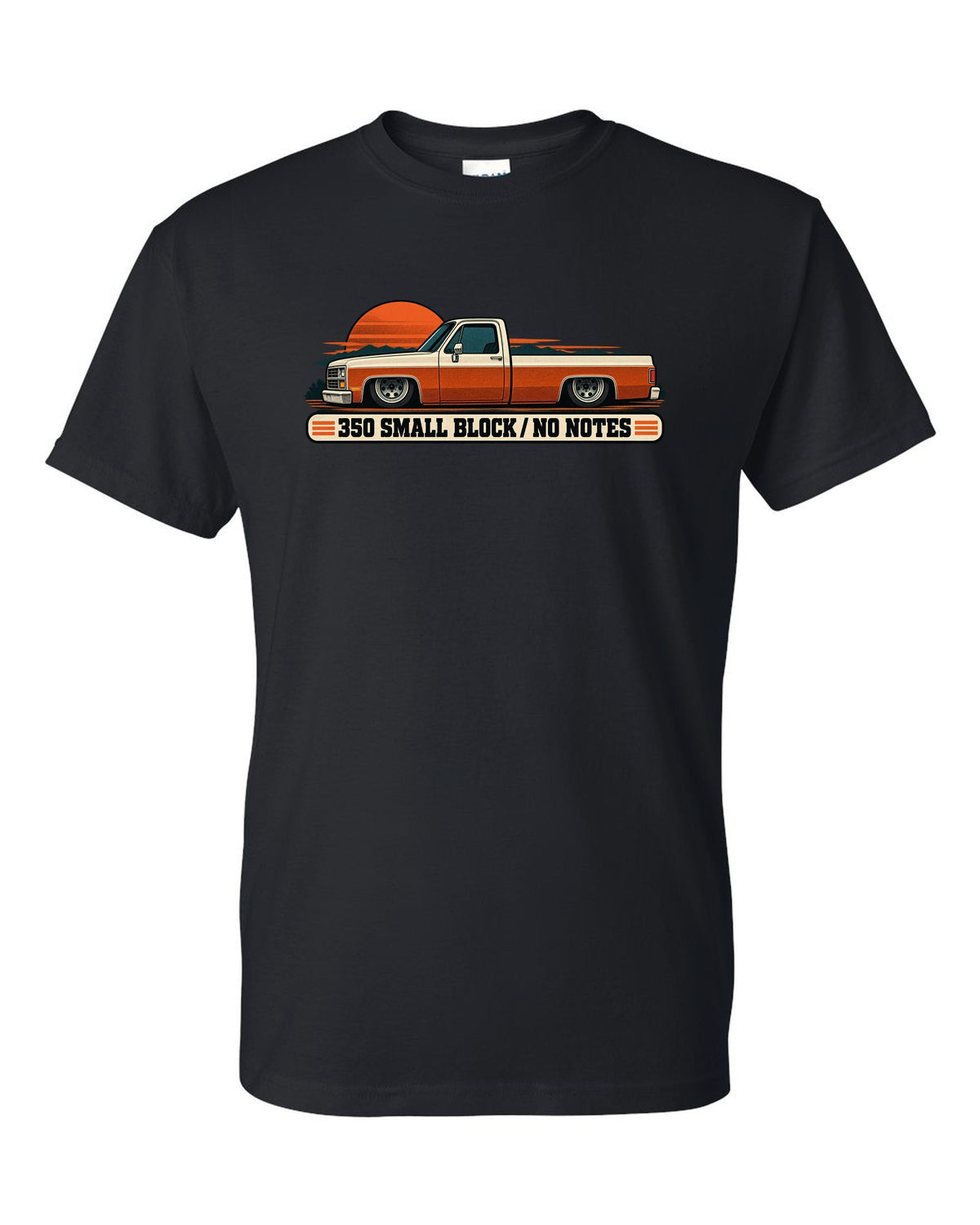Retro two-colour halftone print of a dropped Chevrolet C10 Squarebody at dusk with 350 small block text black t-shirt front view with the design