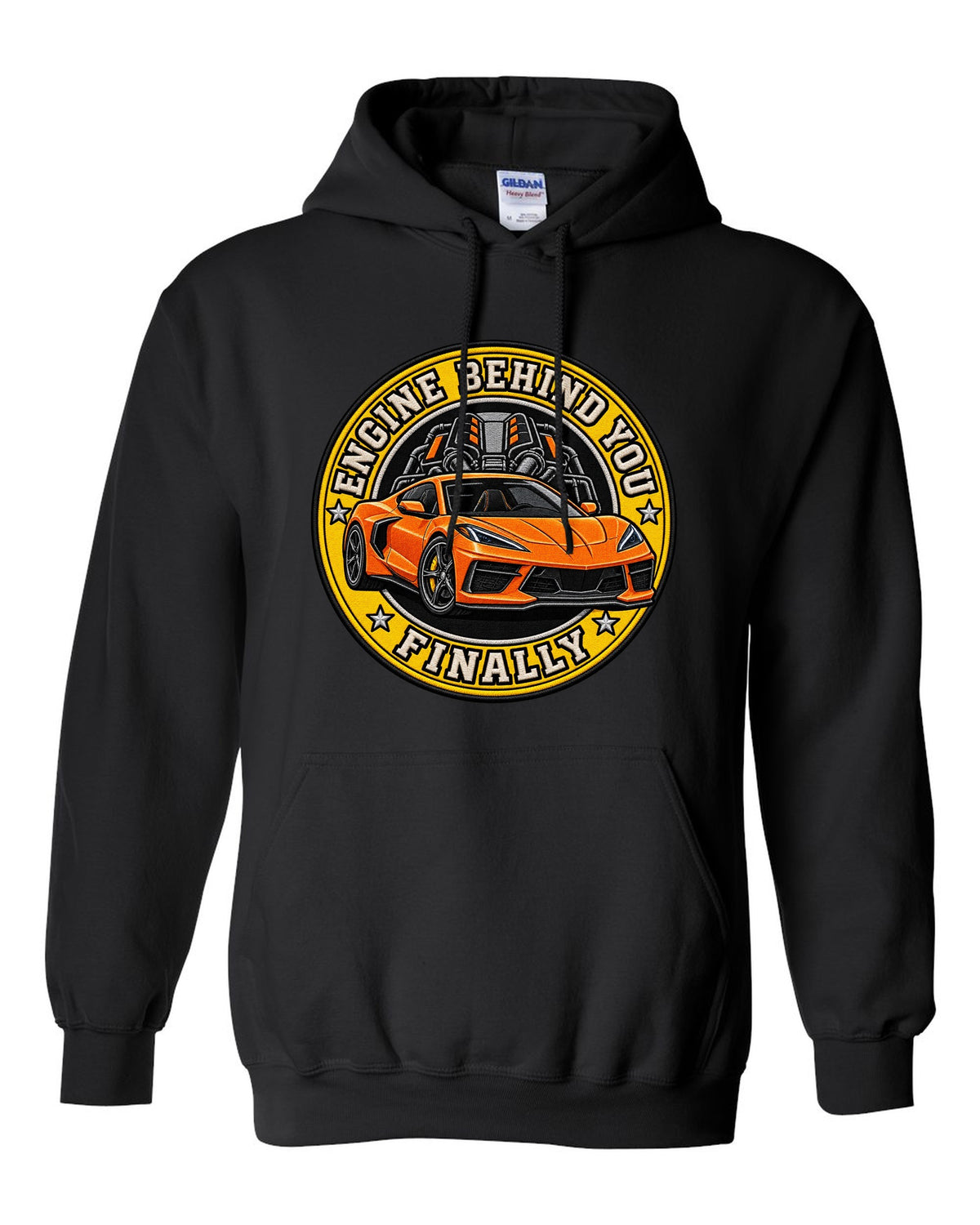 Varsity shield crest print of a 2020 Chevrolet Corvette C8 Stingray with engine behind you finally lettering black pull over hoodie front view with the design