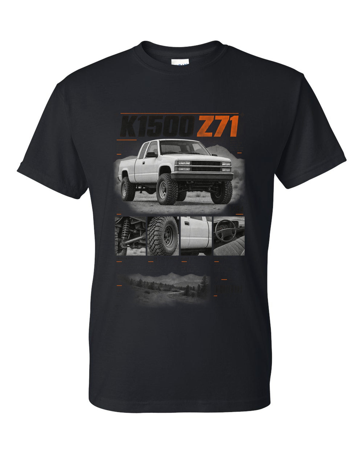 GMT400 K1500 Z71 OBS dossier panel print black t-shirt front view with the design