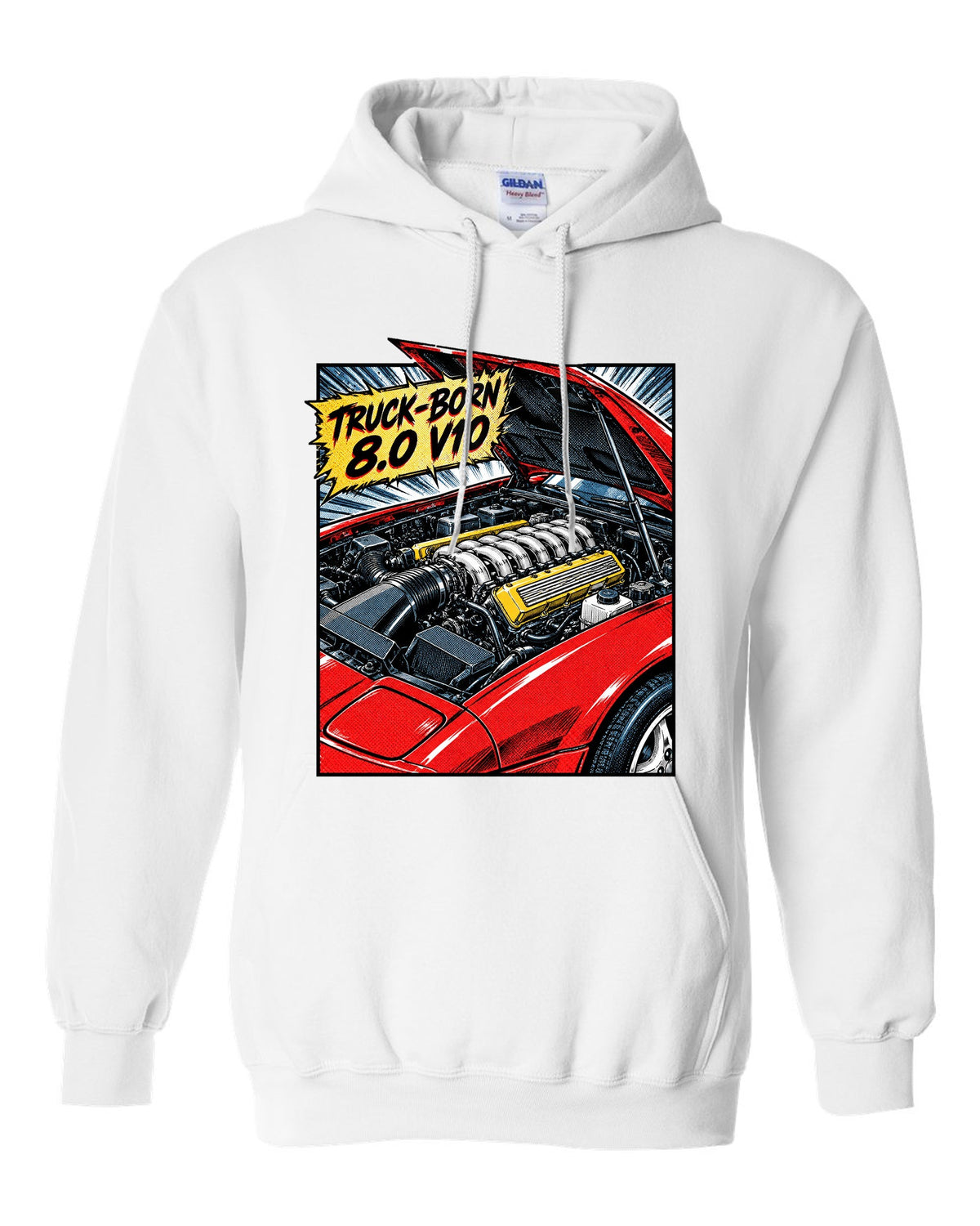 Retro manga halftone panel of a 1993 Dodge Viper RT/10 SR I with 8.0 V10 caption white pull over hoodie front view with the design