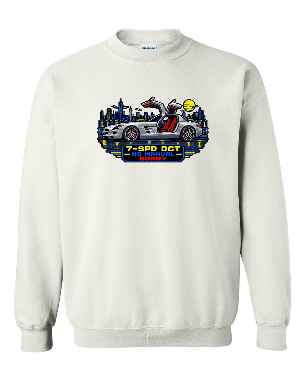 16-bit pixel art Mercedes SLS AMG C197 gullwing with 7-SPD DCT No Manual Sorry text white crewneck front view with the design
