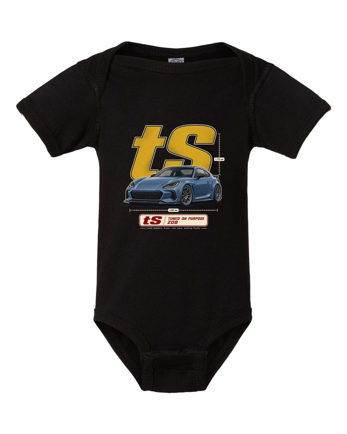 Halftone poster-style print of a Subaru BRZ tS ZD8 with tuning statement lettering black baby onesie front view with the design