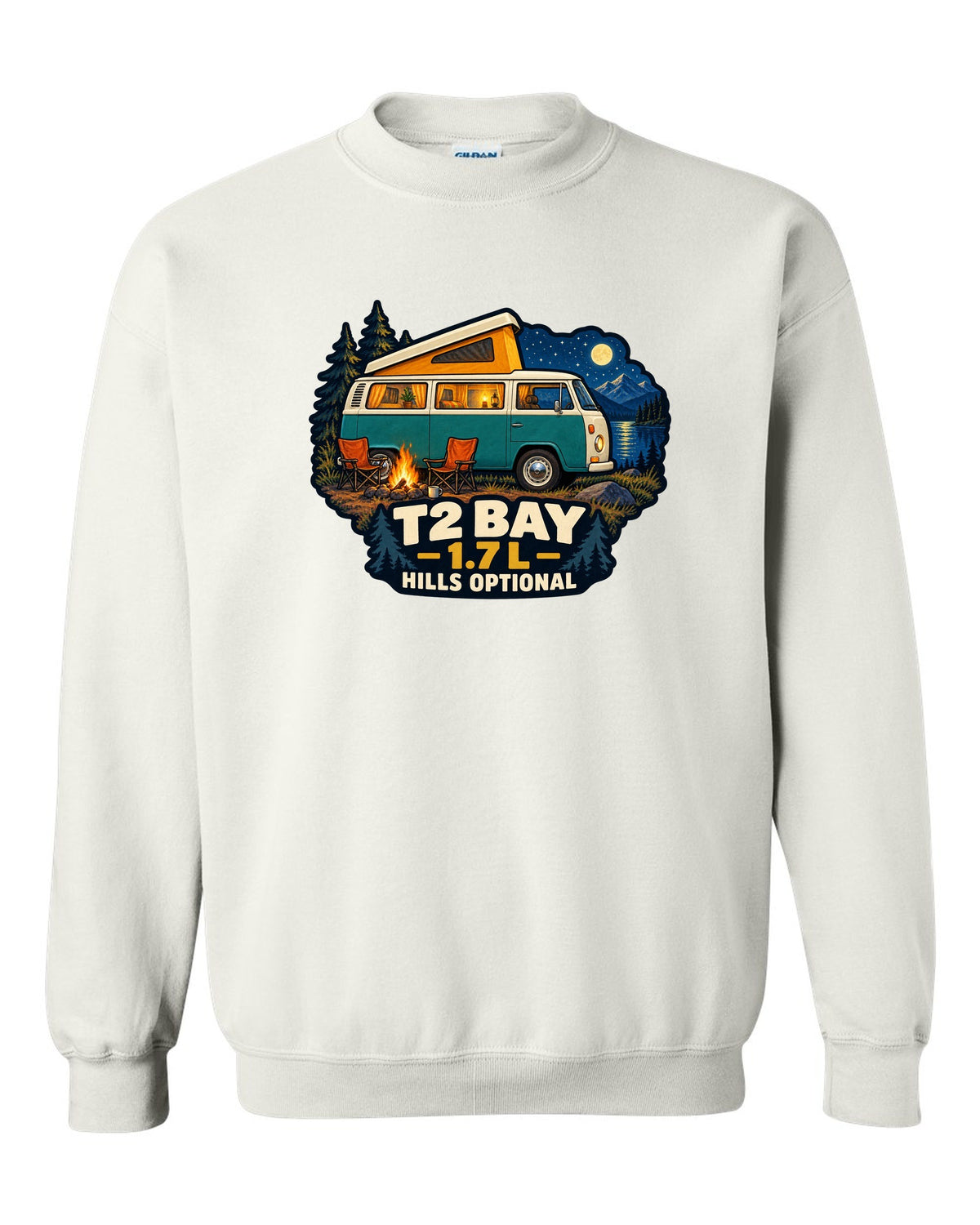 1972 VW Bus T2 Bay Window at a night camp painted in gouache white crewneck front view with the design
