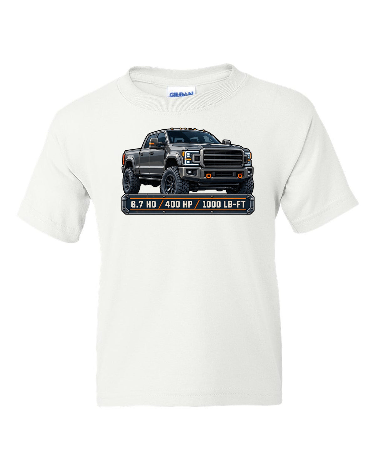 Spec-sheet data plate print for a 2019-2024 Ram HD 2500 crew cab with 6.7 HO 400 HP 1000 lb-ft text white kids tee front view with the design