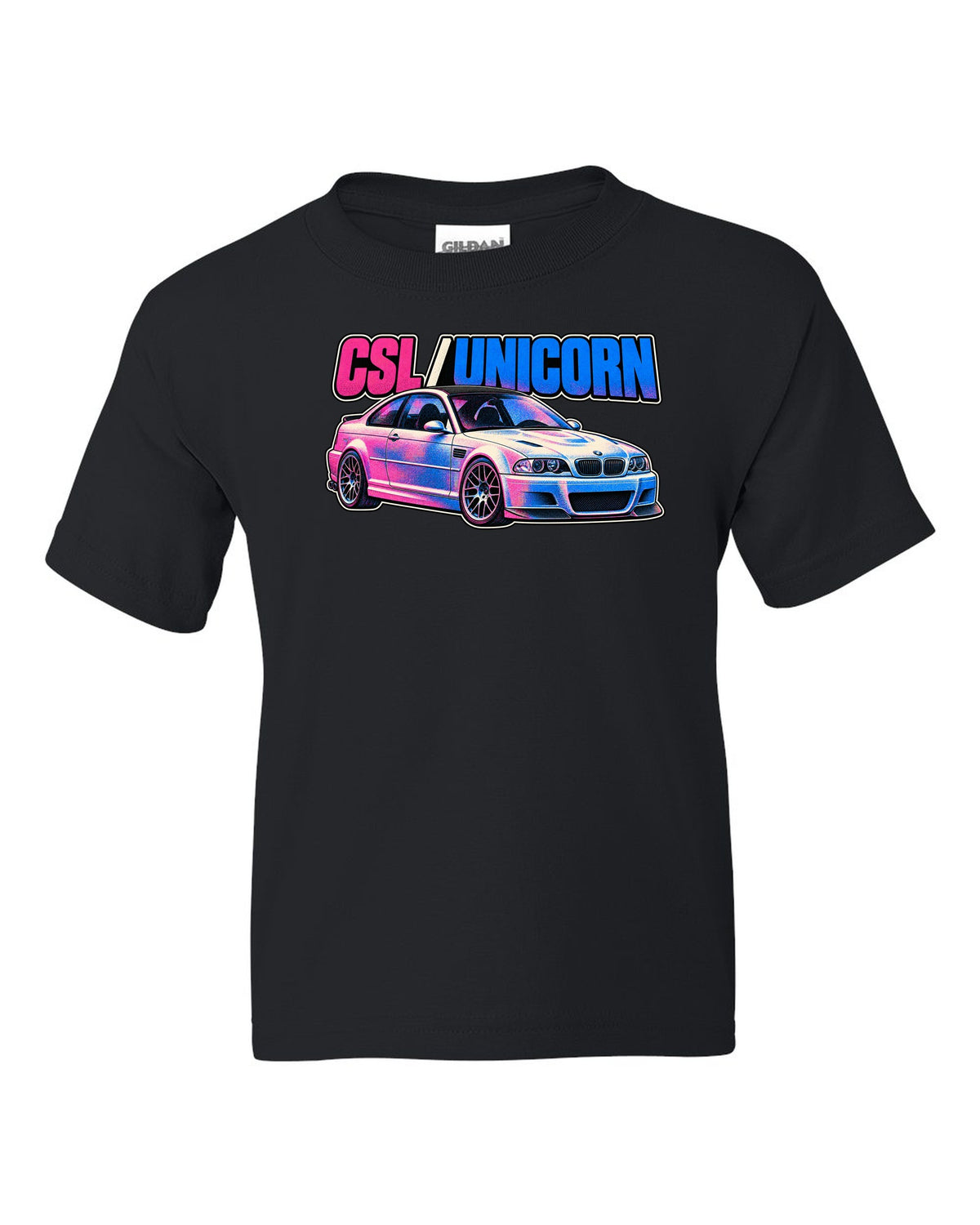 Risograph spot colour print of a BMW E46 M3 CSL with CSL Unicorn text black kids tee front view with the design