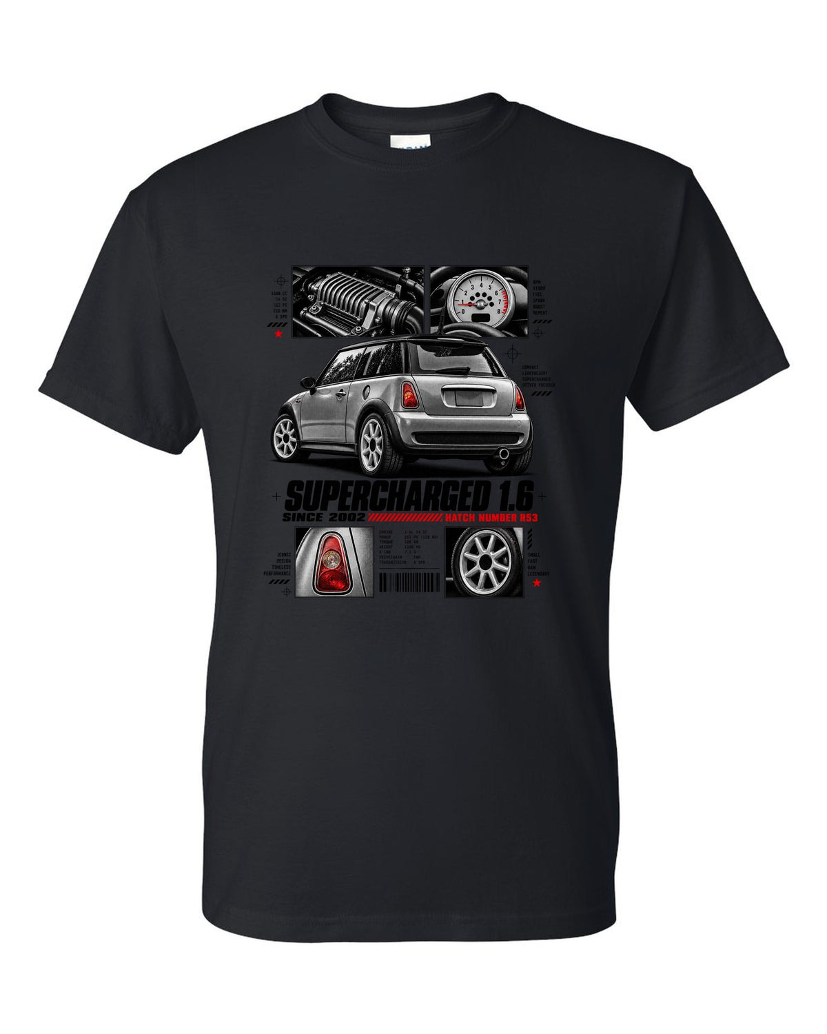 print of a Mini Cooper S R53 rear three-quarter view with detail panels and supercharged 1.6 text black t-shirt front view with the design