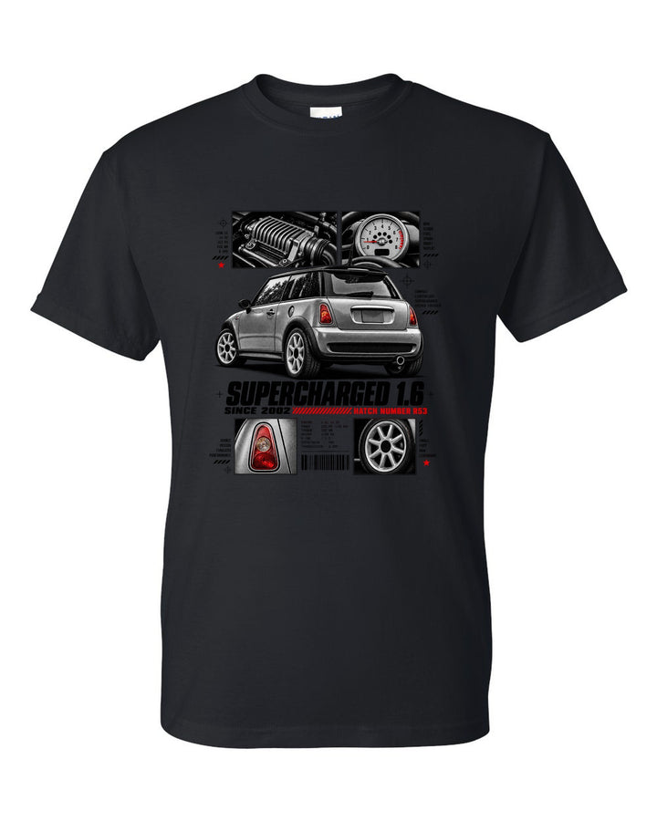 print of a Mini Cooper S R53 rear three-quarter view with detail panels and supercharged 1.6 text black t-shirt front view with the design