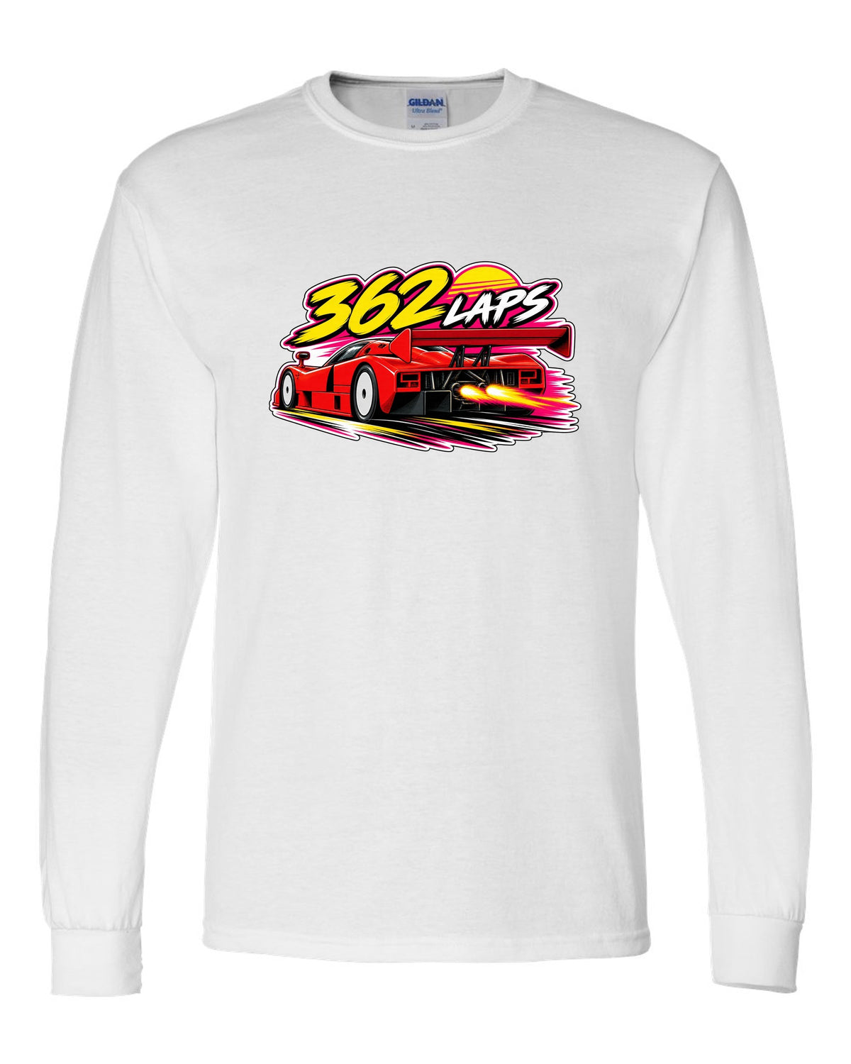 Retro 90s racing sticker-bomb collage for the Mazda 787B with 362 LAPS lettering white long sleeve front view with the design