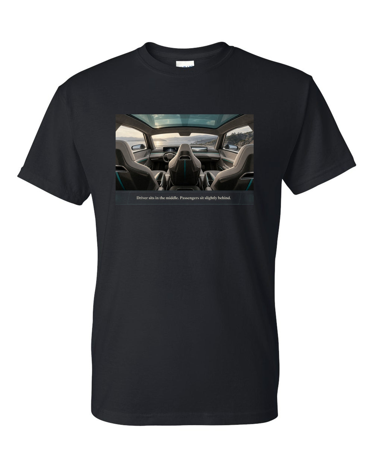 Cockpit print of a McLaren Speedtail interior with a centre driving seat black t-shirt front view with the design