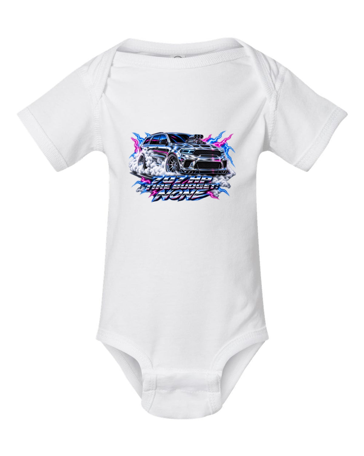80s airbrush chrome print of a Jeep Grand Cherokee WK2 Trackhawk with 707 HP text white baby onesie front view with the design