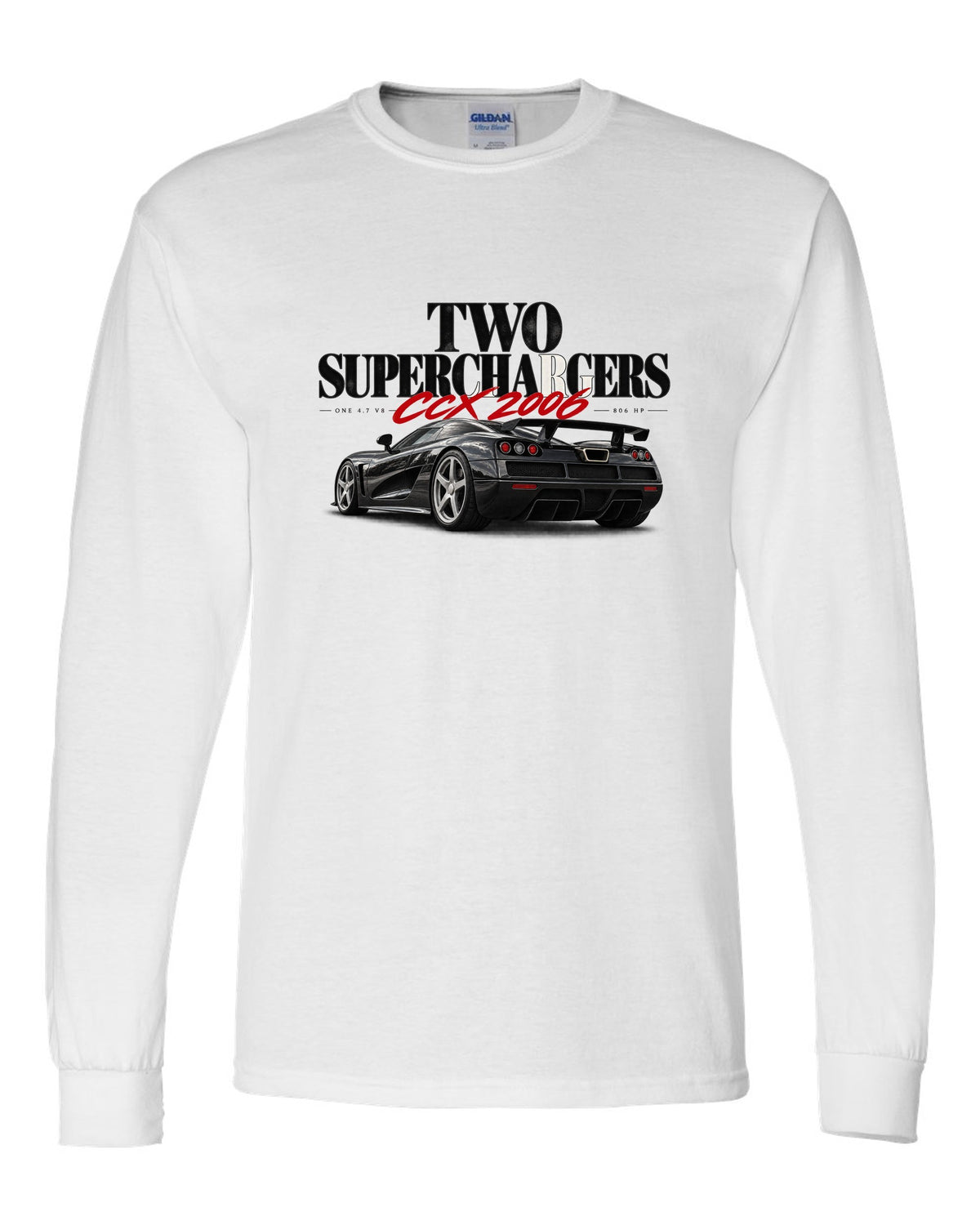 Koenigsegg CCX 2006 editorial headline with two superchargers white long sleeve front view with the design
