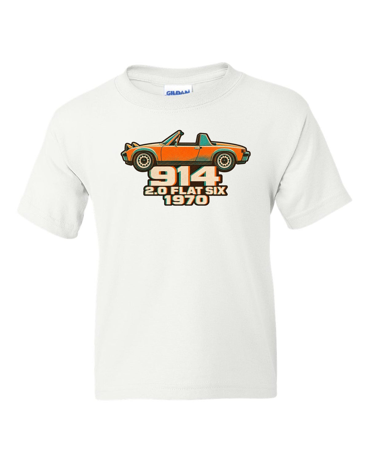 Porsche 914/6 risograph two-colour design with 2.0 flat six lettering white kids tee front view with the design