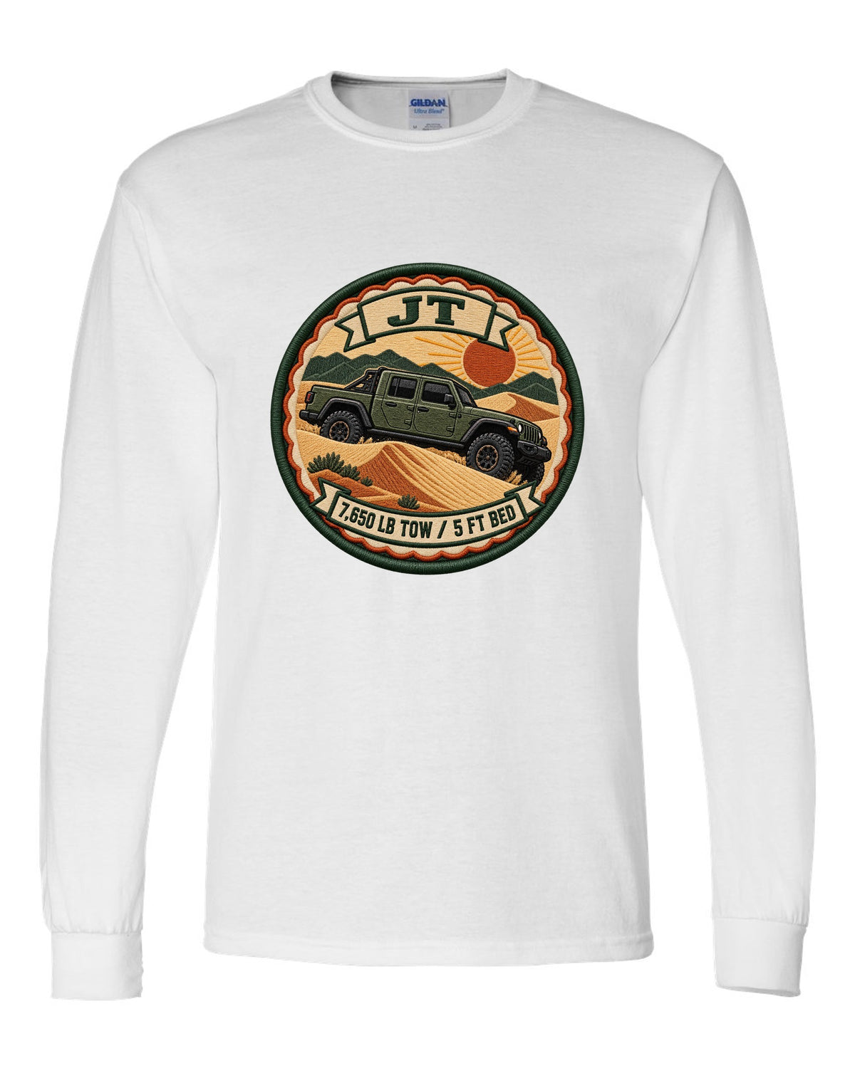 Embroidery-style varsity crest print of a Jeep Gladiator JT with tow rating text white long sleeve front view with the design