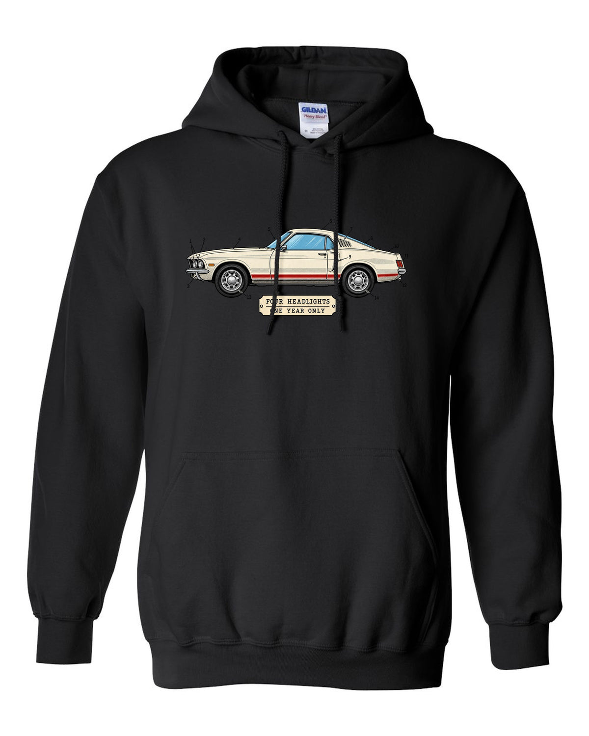 1969 Ford Mustang Fastback Patent Sheet Profile black pull over hoodie front view with the design