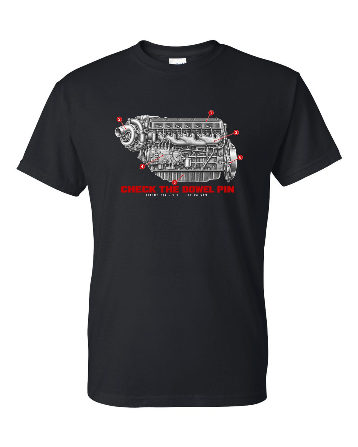 Engine hero print of a 1994-98 Ram 2500 5.9L 12-valve Cummins inline six black t-shirt front view with the design