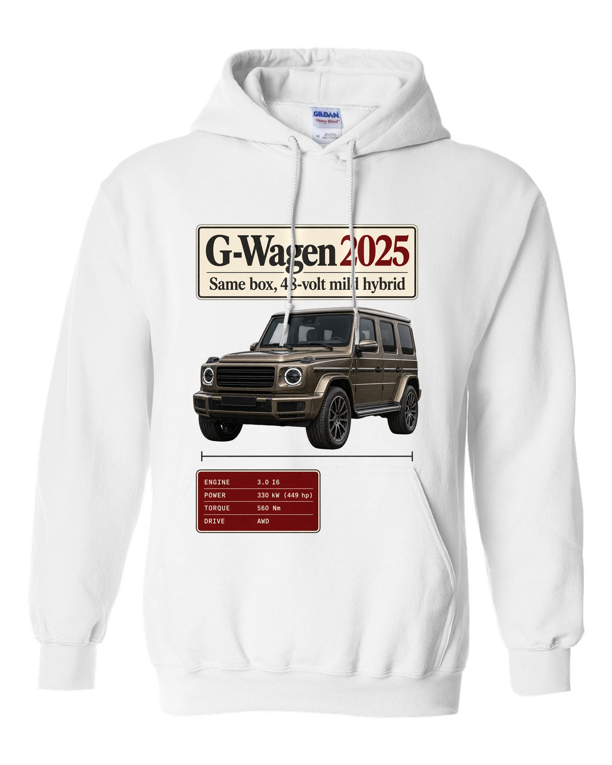 Archive panel print of a 2025 Mercedes-AMG G63 W463A facelift white pull over hoodie front view with the design