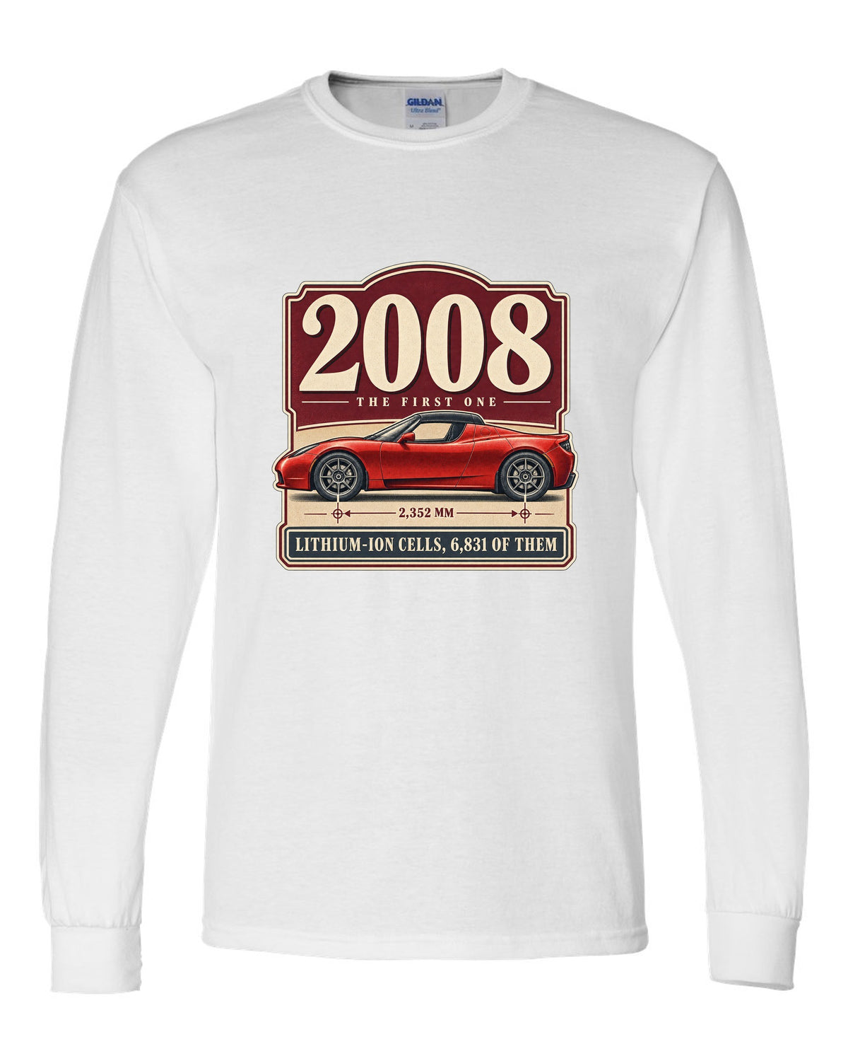 Tesla Roadster 2008 Archive Panel white long sleeve front view with the design