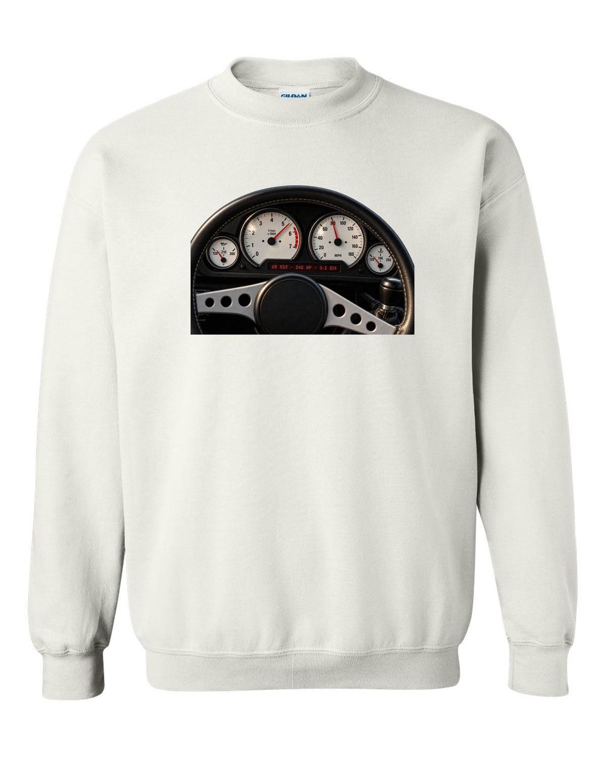 BMW E36 M3 coupe US S52 cockpit gauge print with 240 HP and 3.2 six text white crewneck front view with the design