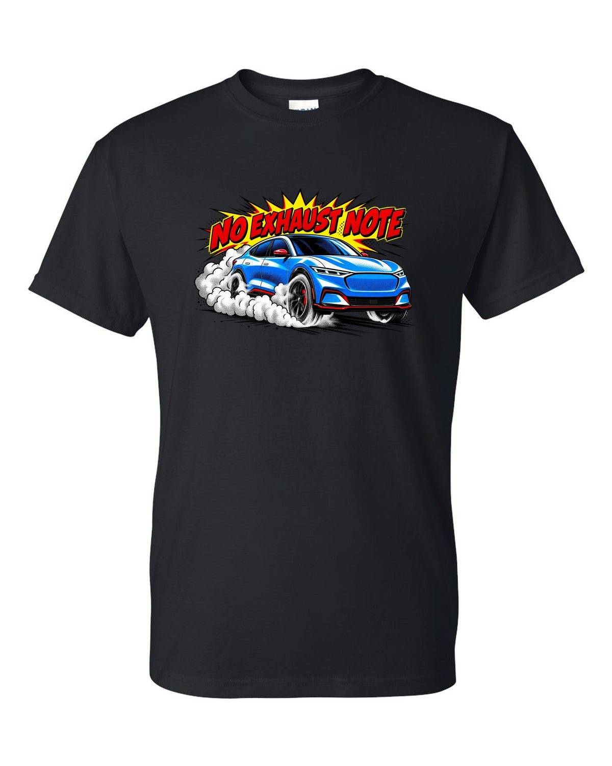 Comic halftone pop-art print of a 2020 Mustang Mach-E CX727 burnout reading No Exhaust Note black t-shirt front view with the design