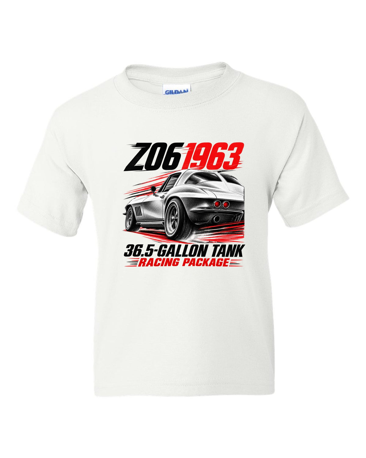 Corvette C2 Sting Ray 1963 Z06 racing package race poster white kids tee front view with the design