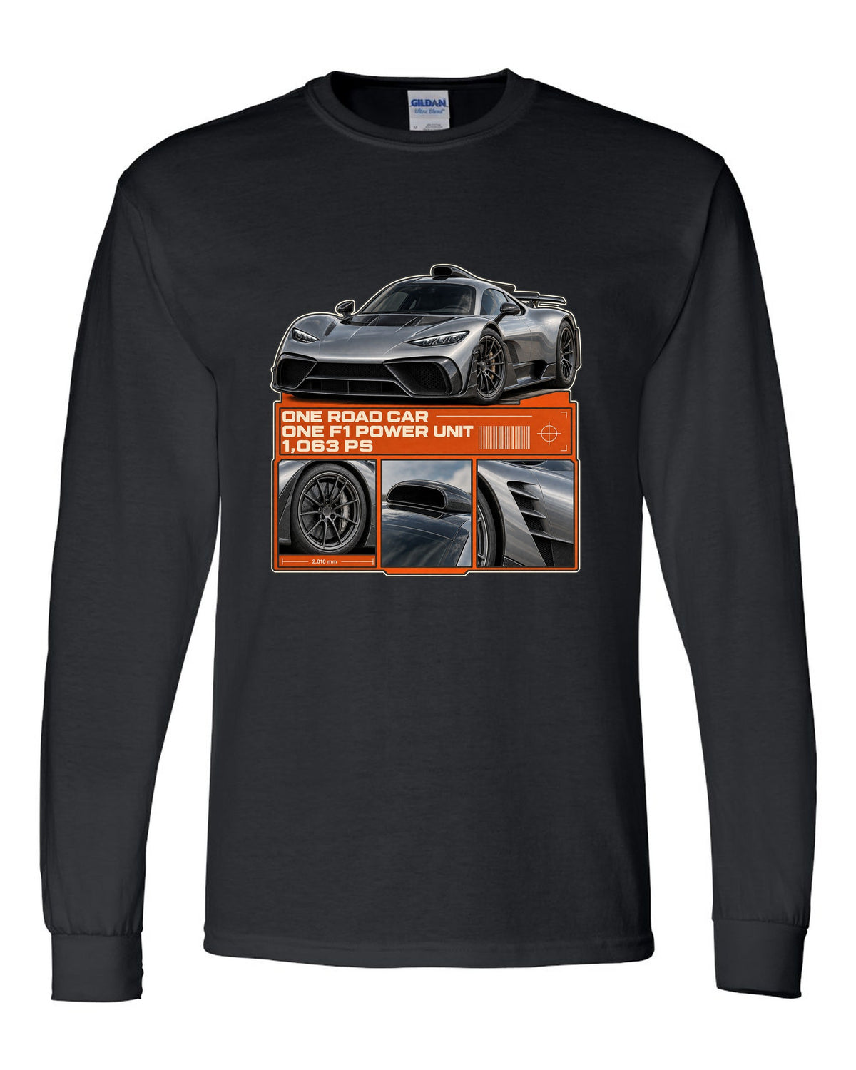 Mercedes-AMG One dossier panel design with three detail views black long sleeve front view with the design