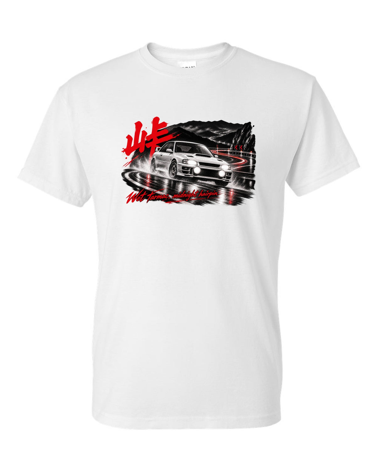 Subaru Impreza WRX GC8 coupe on a wet mountain hairpin at night with touge kanji white t-shirt front view with the design