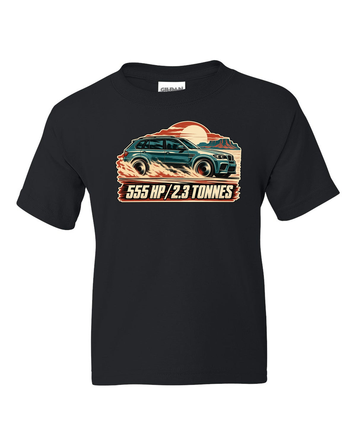 Vintage race poster print of a BMW X5 M E70 with 555 HP lettering black kids tee front view with the design