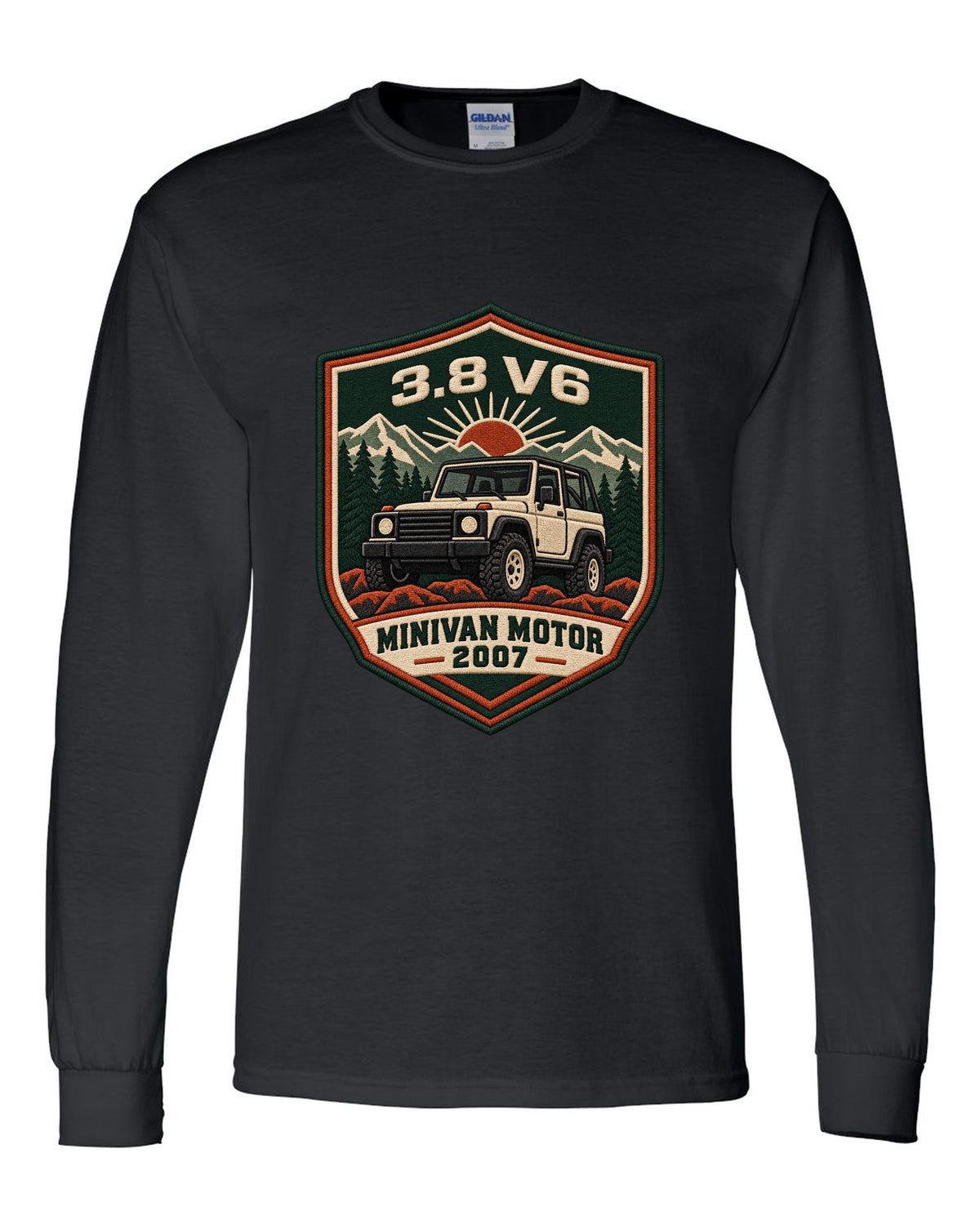 Jeep Wrangler JK varsity crest design with 3.8 V6 minivan motor 2007 text black long sleeve front view with the design