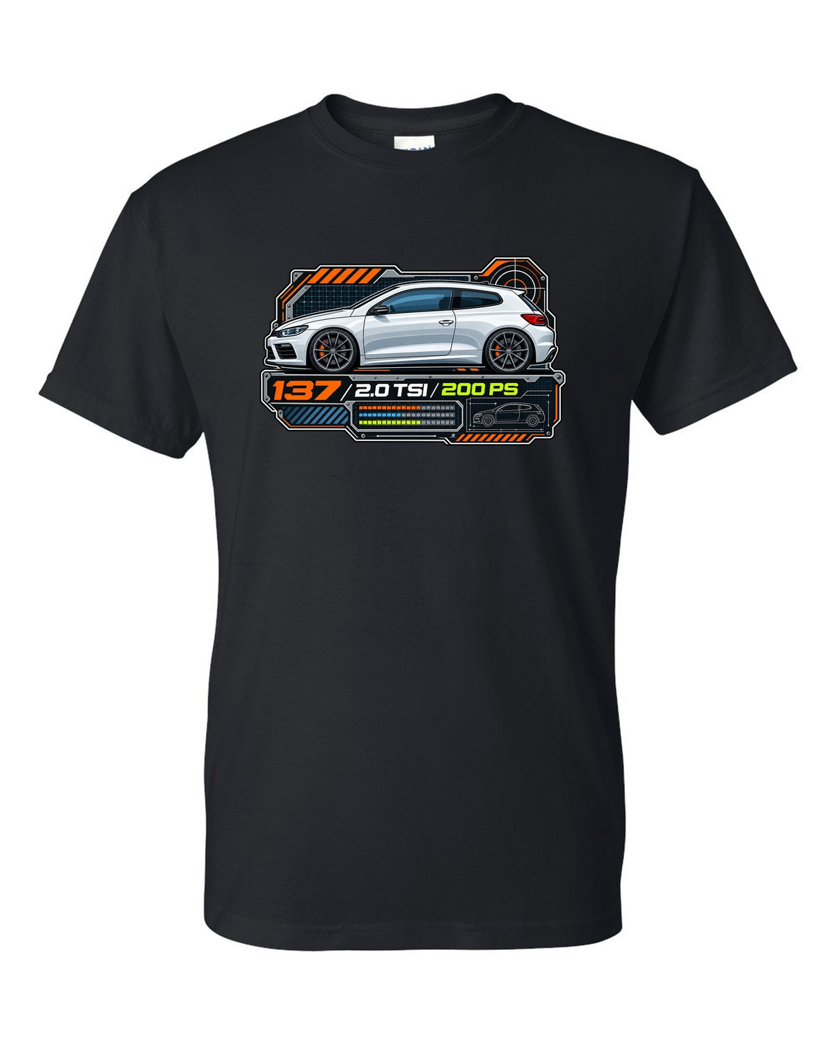 Spec-sheet data plate print of a VW Scirocco Mk3 with 137 2.0 TSI 200 PS text black t-shirt front view with the design