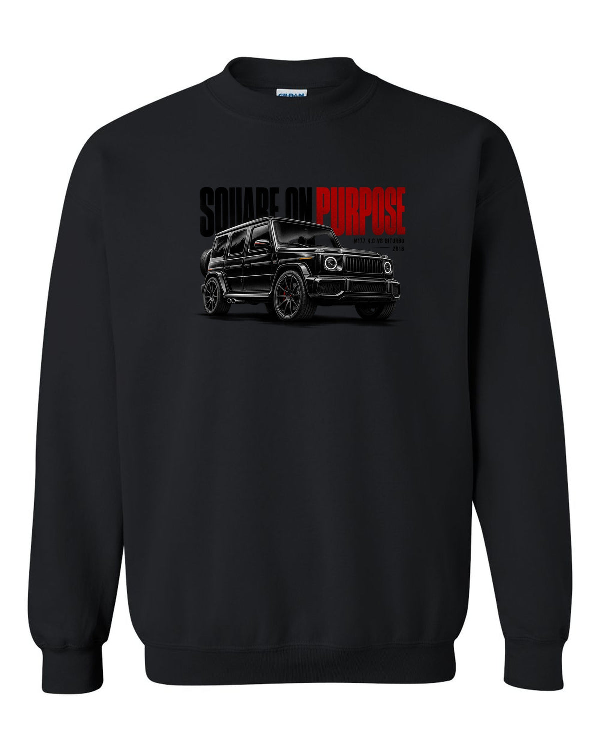 Halftone statement print of a Mercedes-AMG G63 W464 with Square On Purpose lettering black crewneck front view with the design