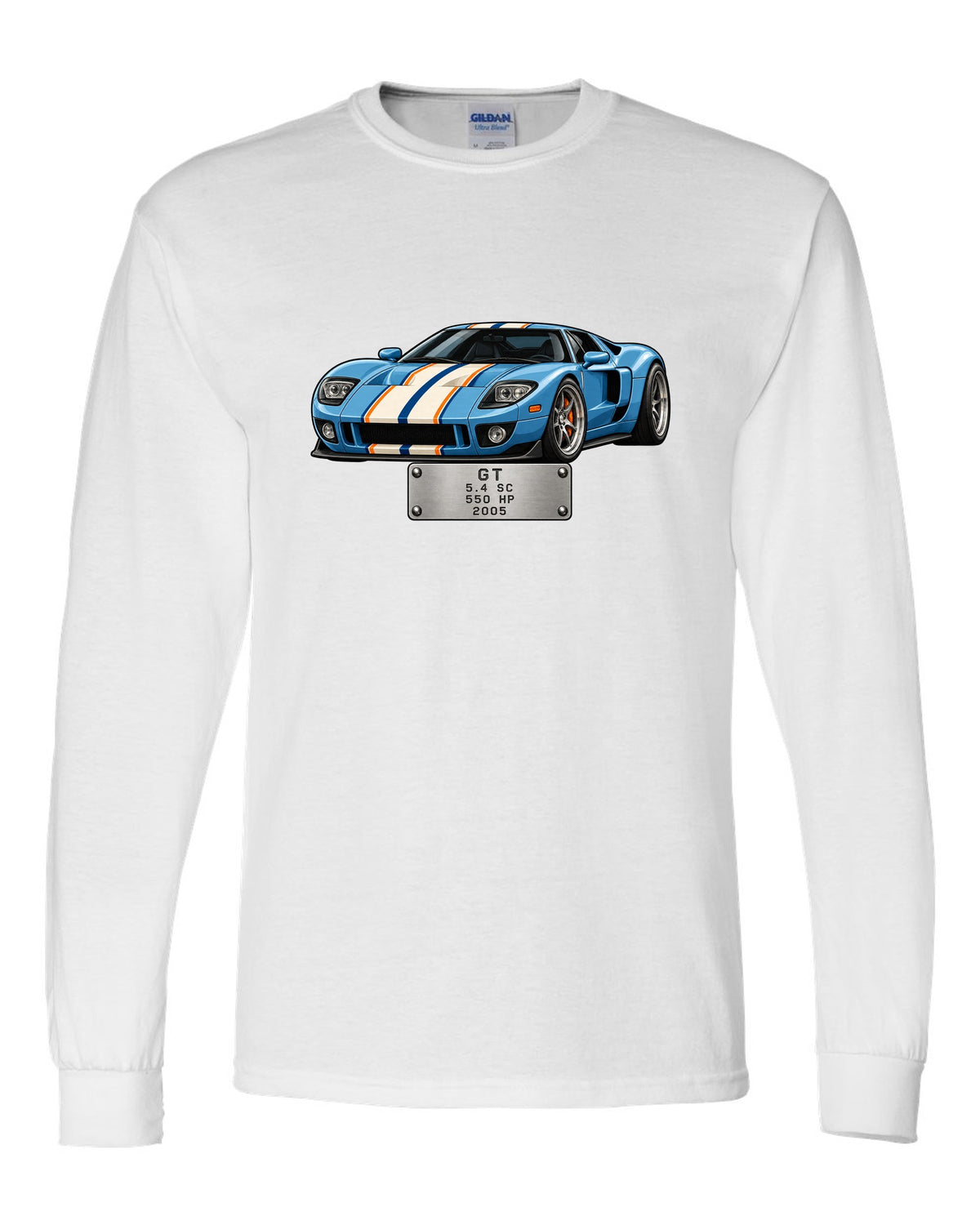 Spec-sheet data plate print for the 2005 Ford GT showing 5.4 SC, 550 HP white long sleeve front view with the design