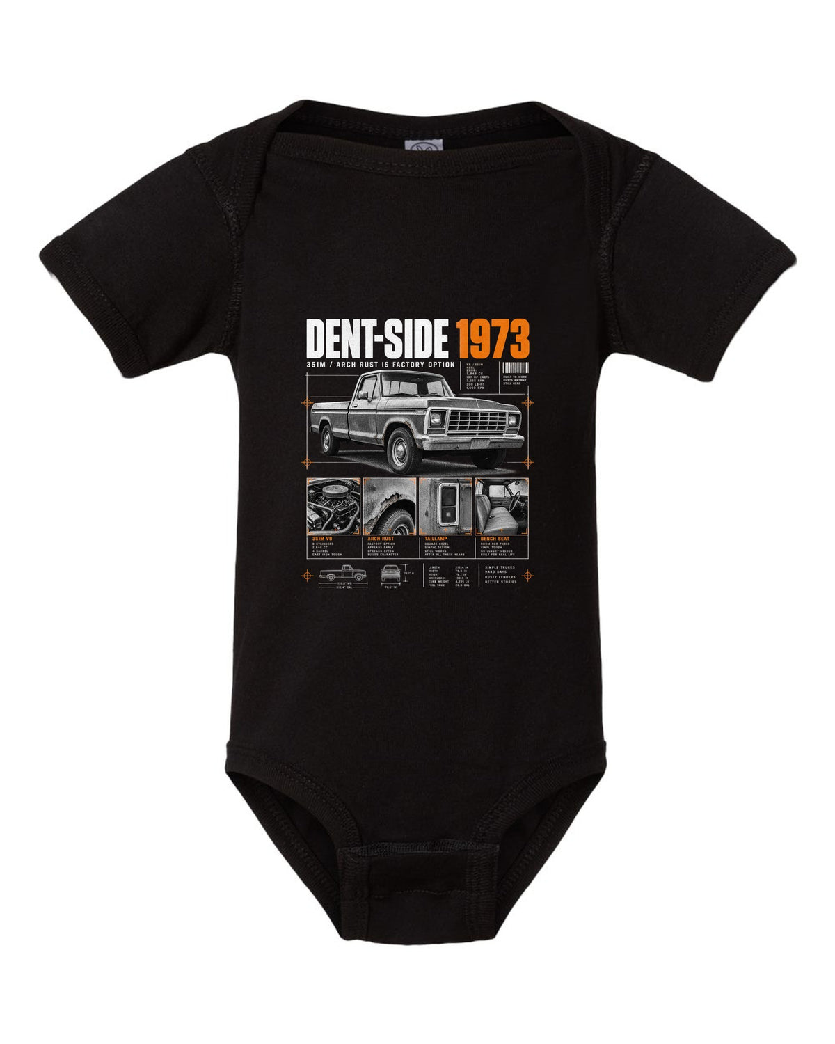 Ford F-150 Dent-Side 1973 351M Rust Dossier Panel black baby onesie front view with the design