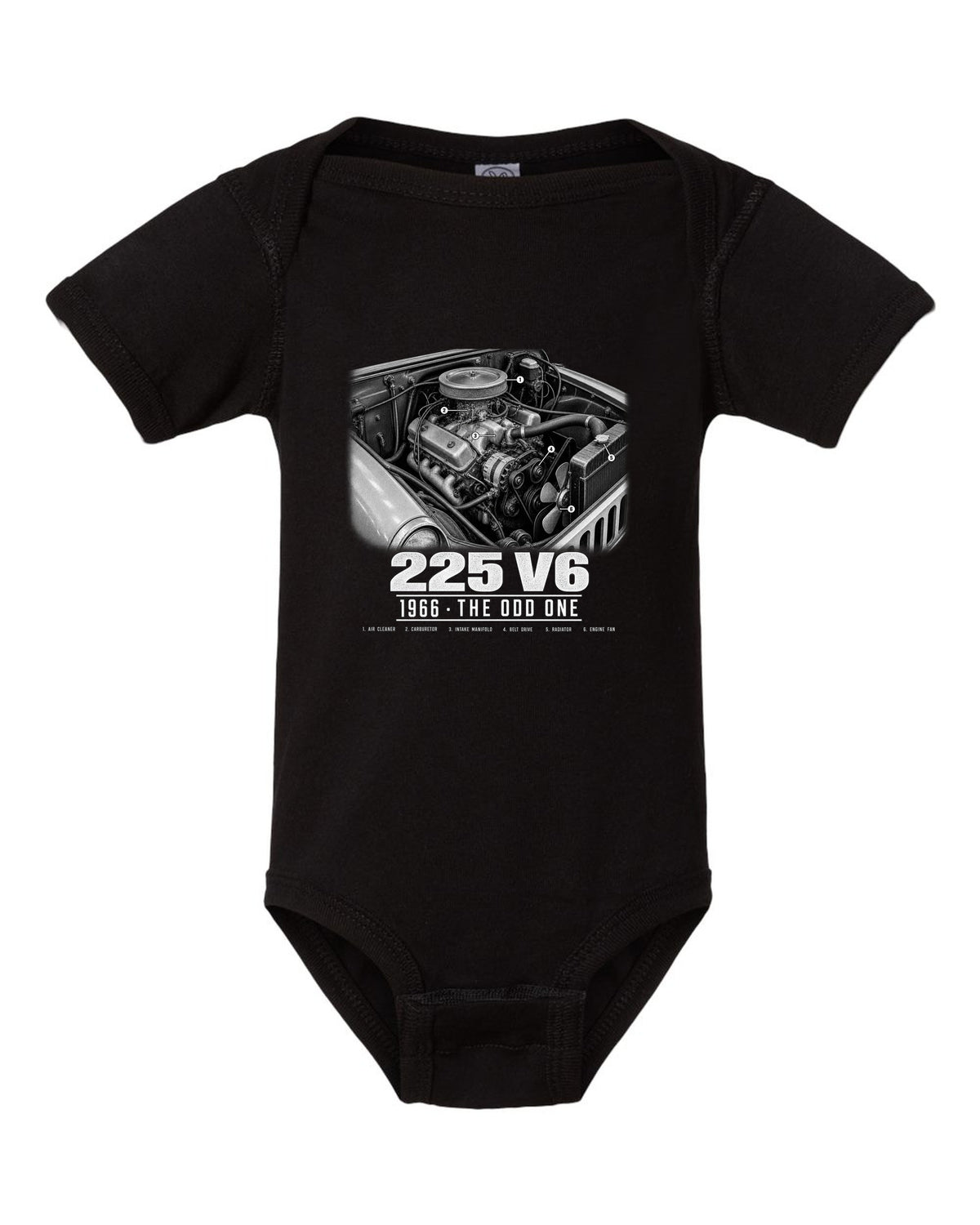 Engine hero print for the Jeep CJ-5 225 V6, 1966 black baby onesie front view with the design