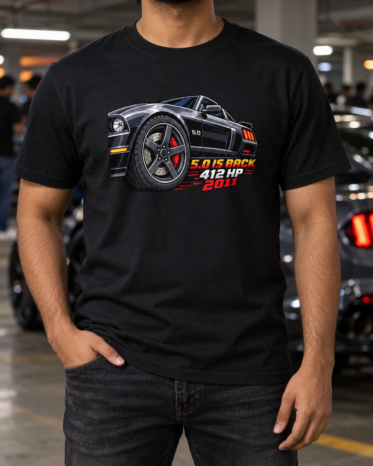 Ford Mustang S197 GT 5.0 Pixel Art Wheel Shirt, 2010-12 T-Shirt Black worn hero