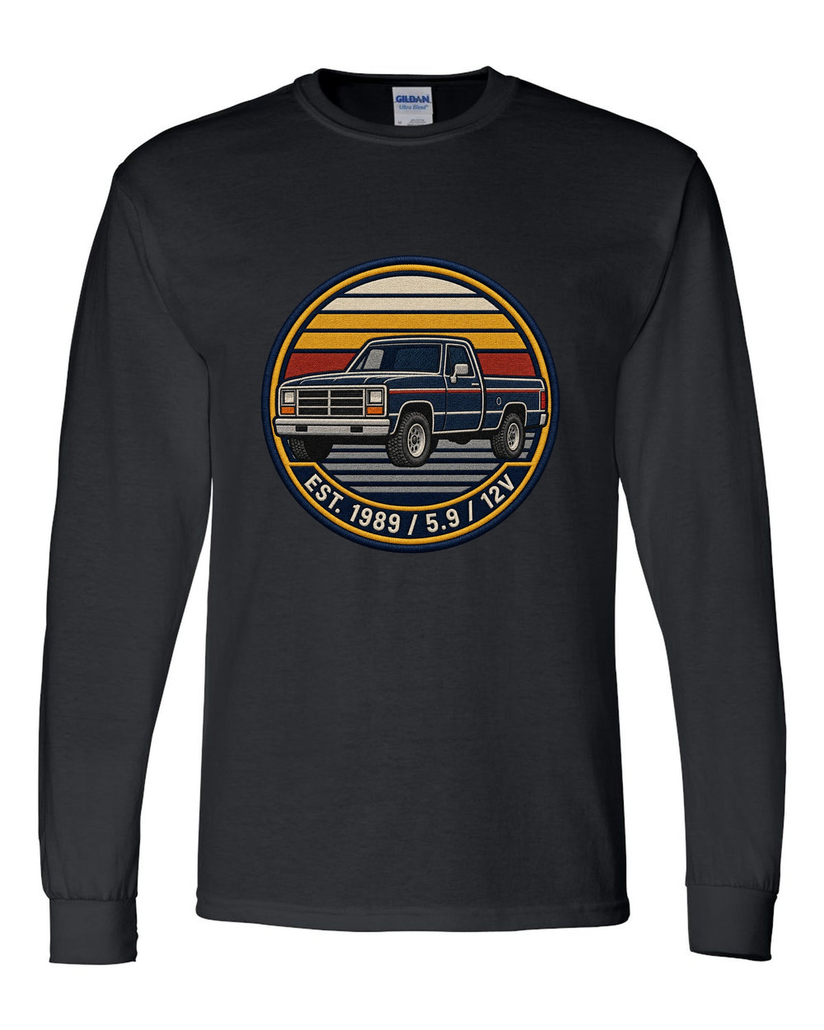 Varsity-style grille crest print of a 1989-1993 Dodge Ram 1st gen with Est. 1989 5.9 12V text black long sleeve front view with the design