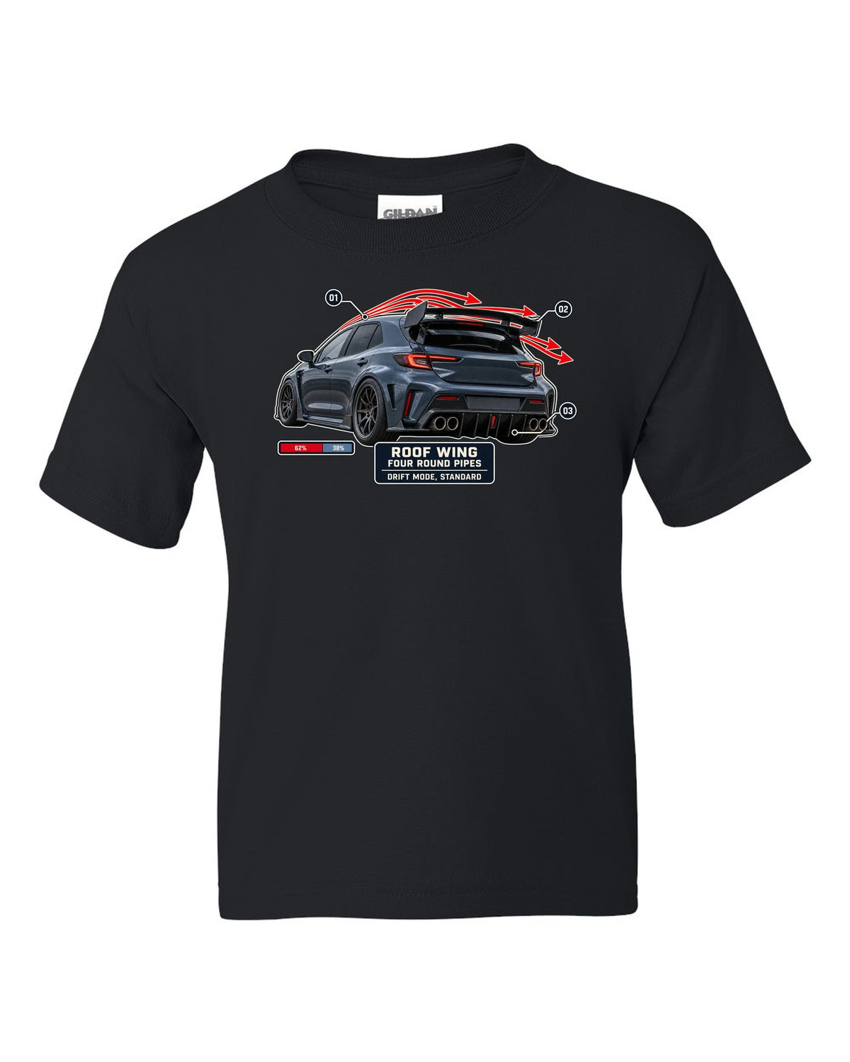 Mercedes-AMG A45 S W177 rear three-quarter with aero callout labels print black kids tee front view with the design
