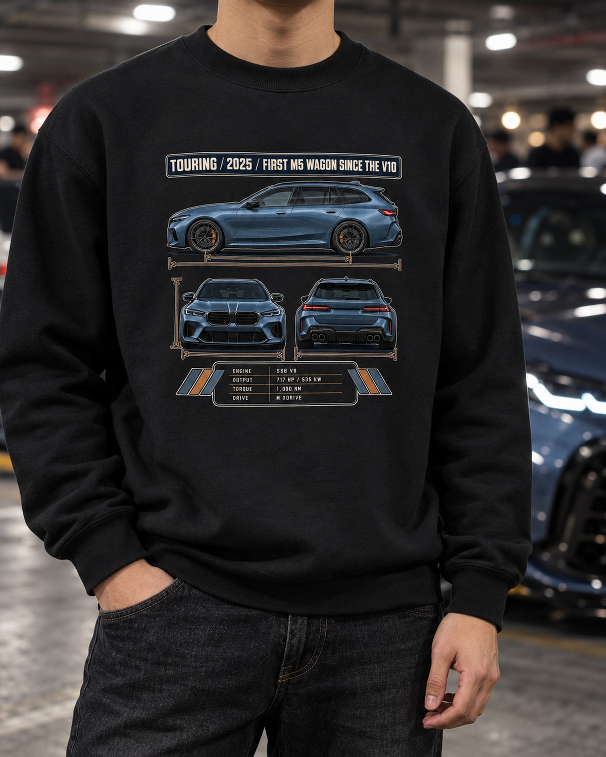 BMW M5 G90 Touring Three-View Tee, First M5 Wagon Since V10 Crewneck Black worn hero