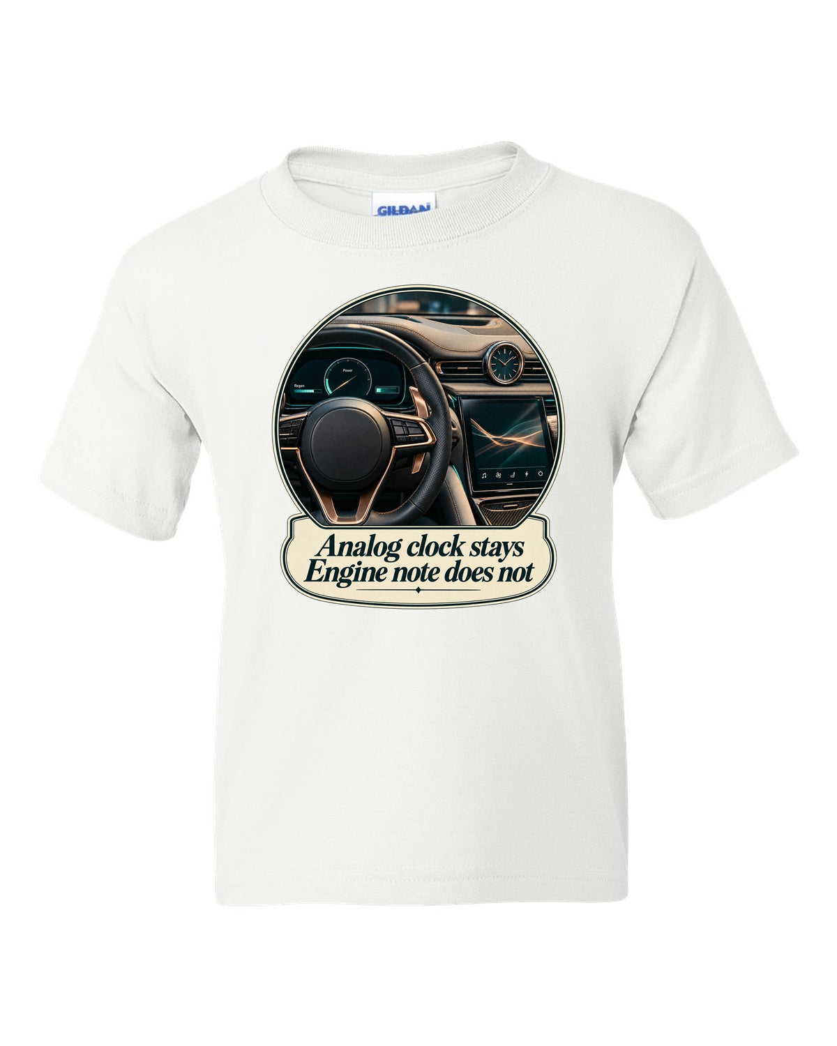 Maserati GranTurismo Folgore cockpit with analog clock, print white kids tee front view with the design