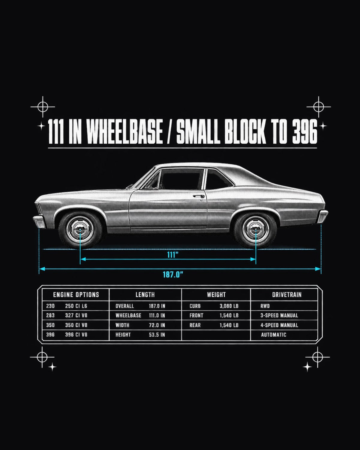 1968 Nova X-Body Spec Poster Shirt, 111 Inch Wheelbase design only