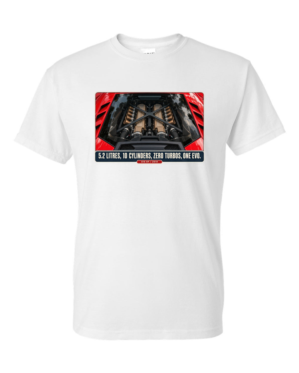 Engine hero print of the Lamborghini Huracan EVO V10 white t-shirt front view with the design
