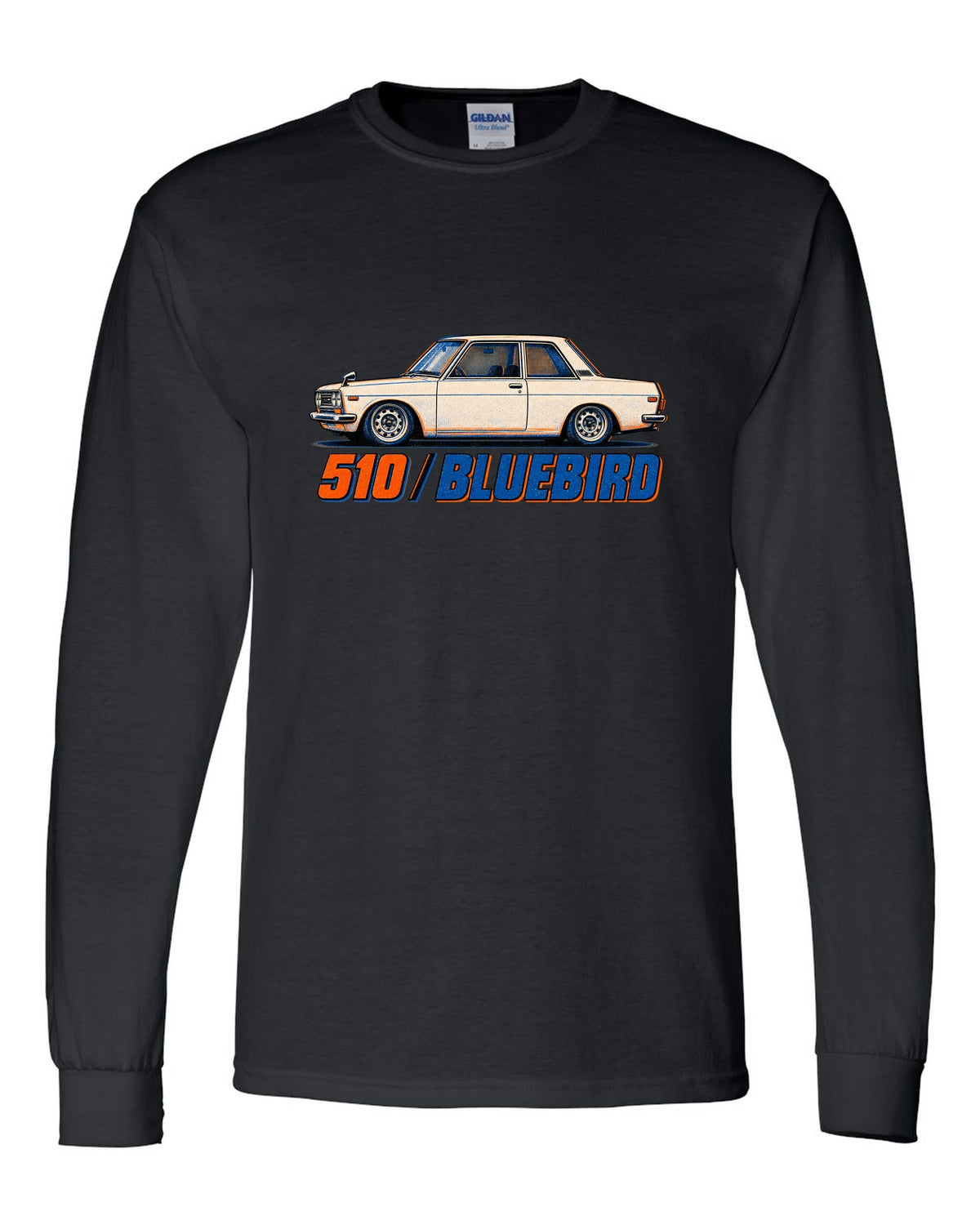 Risograph box print of the Datsun 510 Bluebird with 510 Bluebird lettering black long sleeve front view with the design