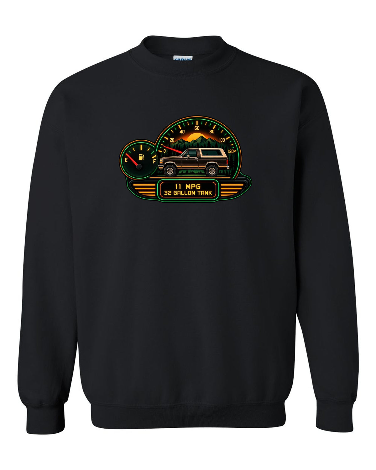 Gauge-cluster HUD style art of a 1987-91 Ford Bronco Brick-Nose dash with 11 MPG 32 GALLON TANK readouts black crewneck front view with the design