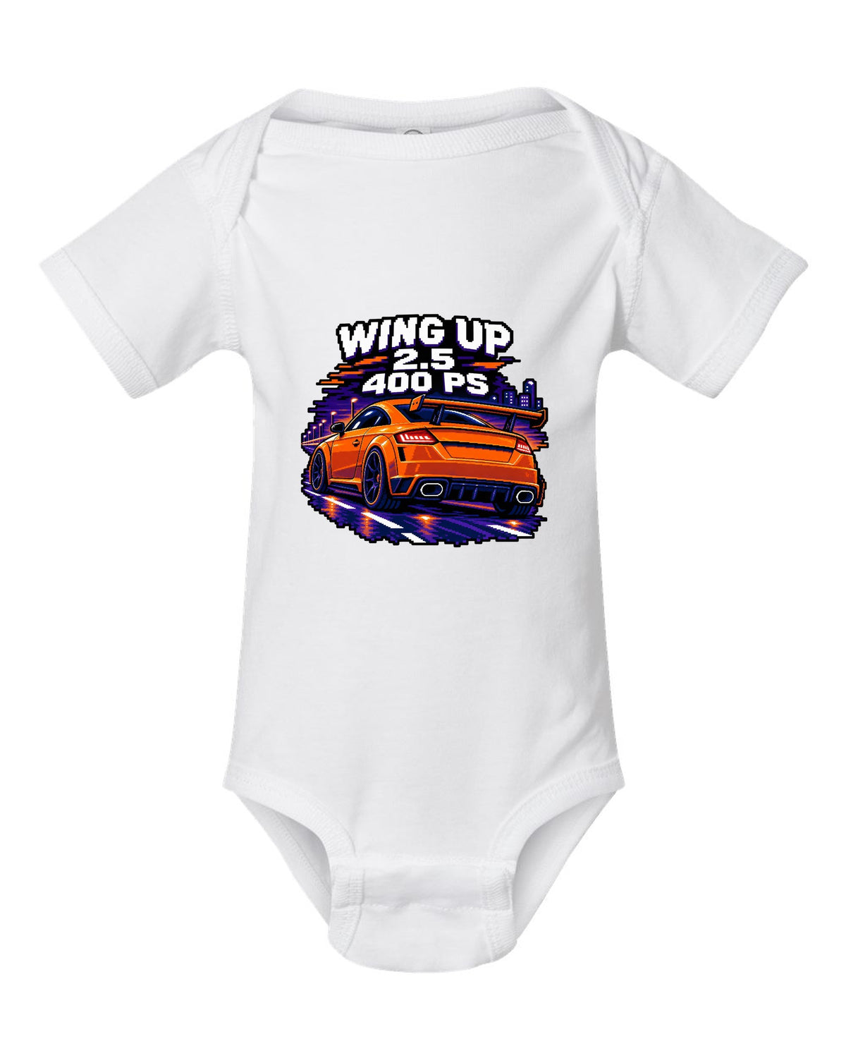 16-bit pixel art print of an Audi TT RS FV with rear wing up and 400 PS text white baby onesie front view with the design