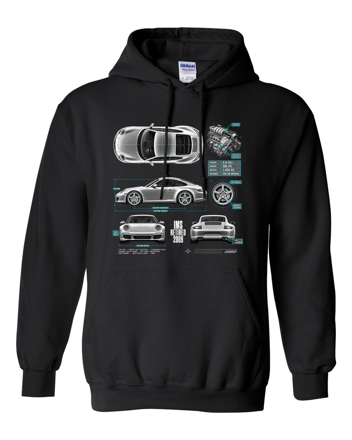 Spec poster print of a Porsche 911 Carrera S (997.2) with the headline IMS Retired 2009 black pull over hoodie front view with the design